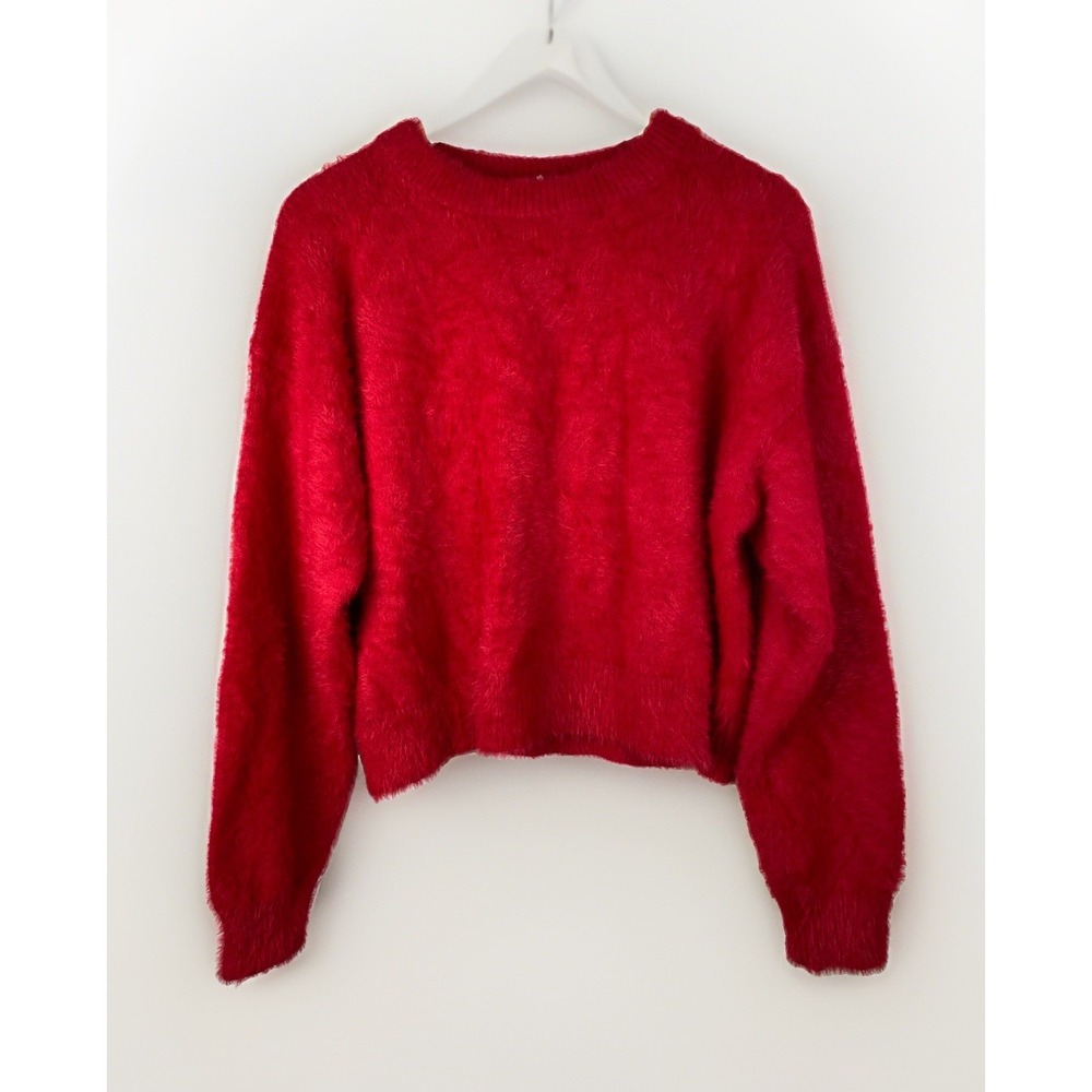 NWOT Marine Layer Women's L Fuzzy Red Crop Crew Neck Pullover Sweater